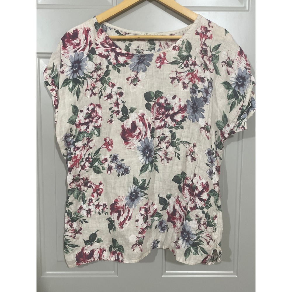 Bellambra Linen Blouse Womens M Cream Floral Excellent Made in Italy 17522B